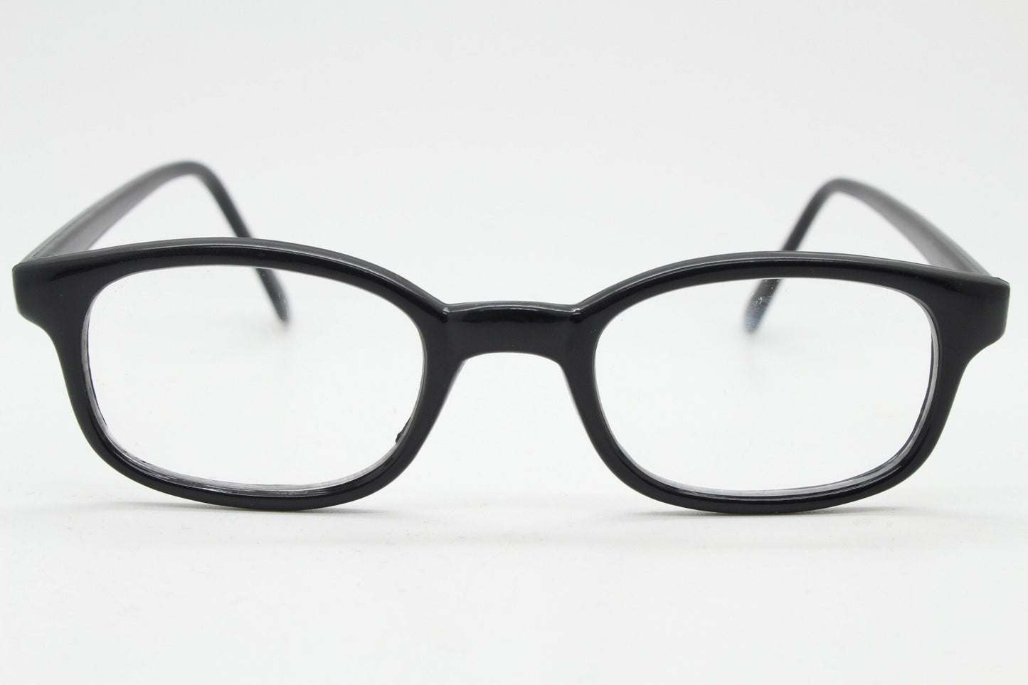 80s vintage low profile wayfarer style glasses. Black acetate optical frames with clear lenses. Prescription eyeglasses. RX Spectacles. NOS