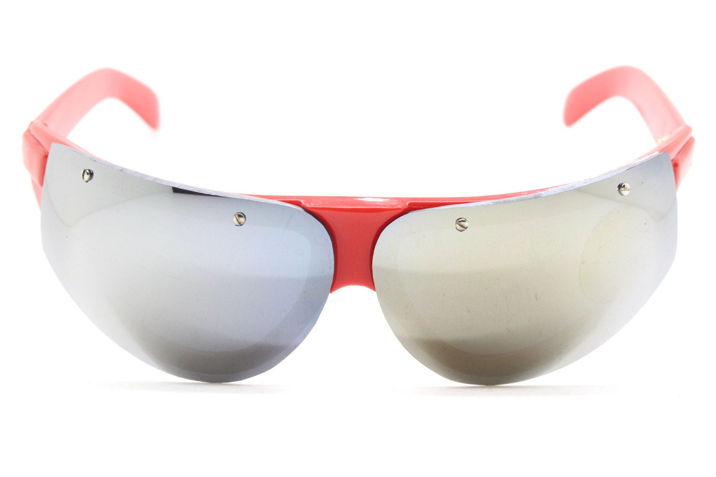 90s vintage visor shield sunglasses. Half frame wrap around in bright red with gold sunburst mirror lenses. Bug eye mask. 2000's. Y2K. NOS