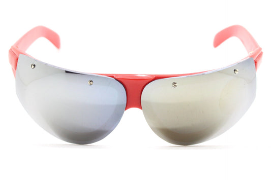 90s vintage visor shield sunglasses. Half frame wrap around in bright red with gold sunburst mirror lenses. Bug eye mask. 2000's. Y2K. NOS
