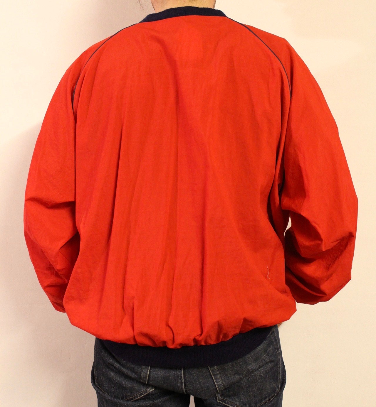 Vintage 80s oversized v neck pullover. Made in England. Bright red baggy football style unisex top. Club kids jumper. Rave