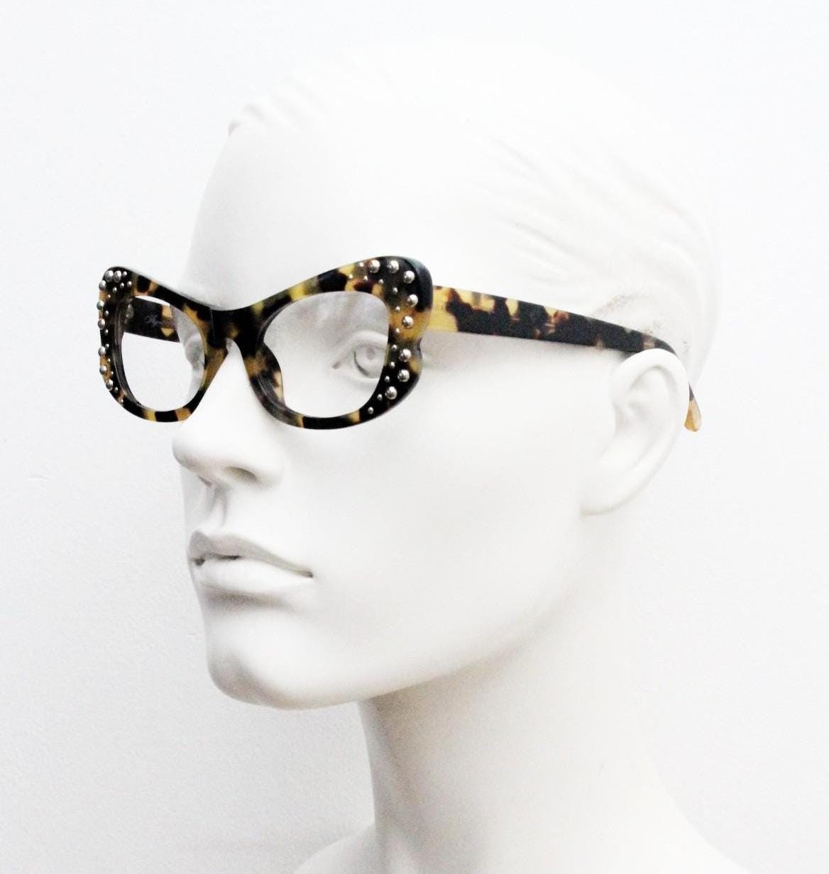 Agent Provocateur cat eye glasses made in Japan by Linda Farrow. Studded tortoise optical frame. Luxe Gallery Projects. Vintage NOS Full Set