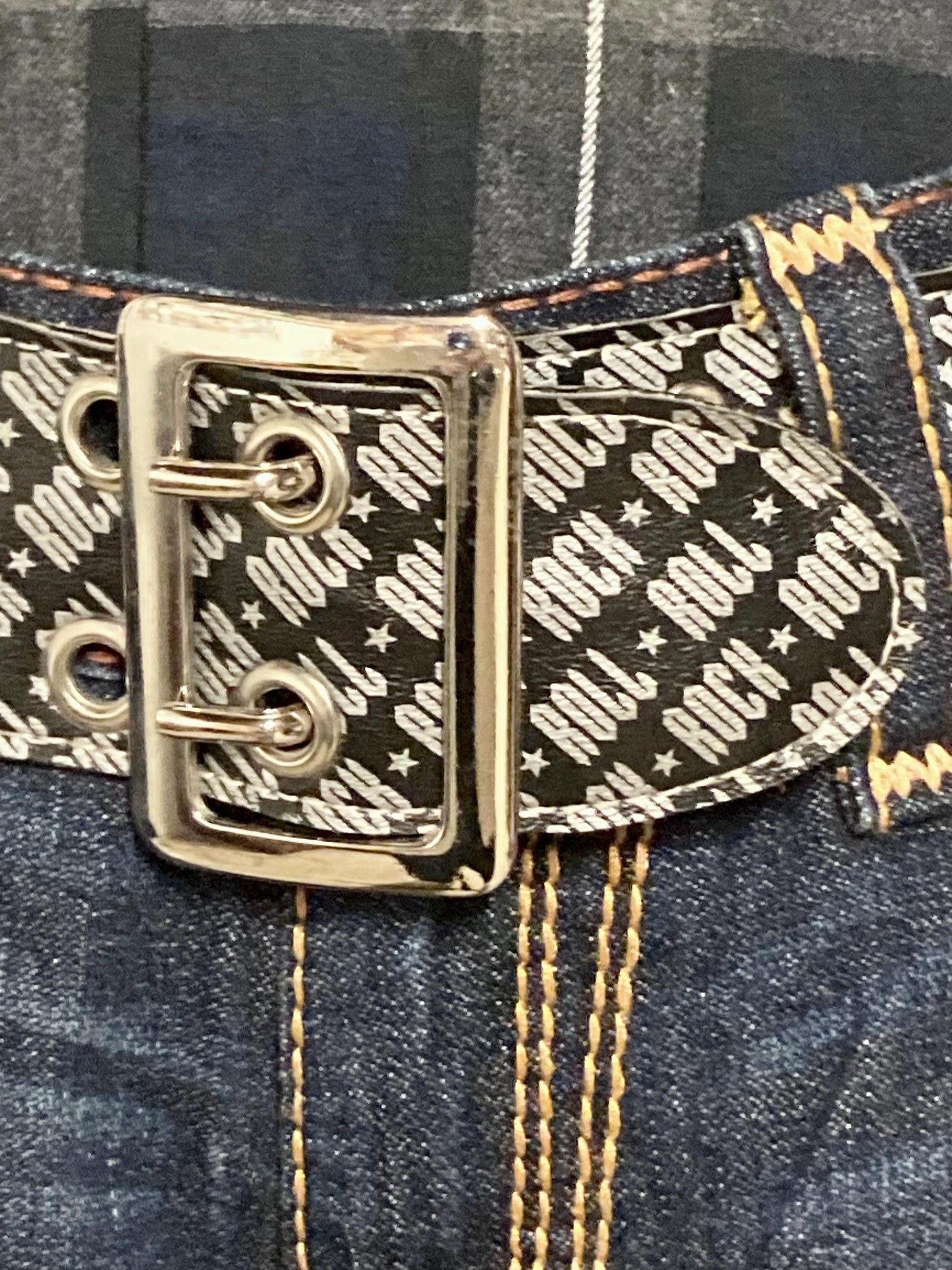 Paul Frank Y2K vintage mens big 'Rock n Roll' designer belt in black and silver. Made in the USA. 2000s NOS Mens large