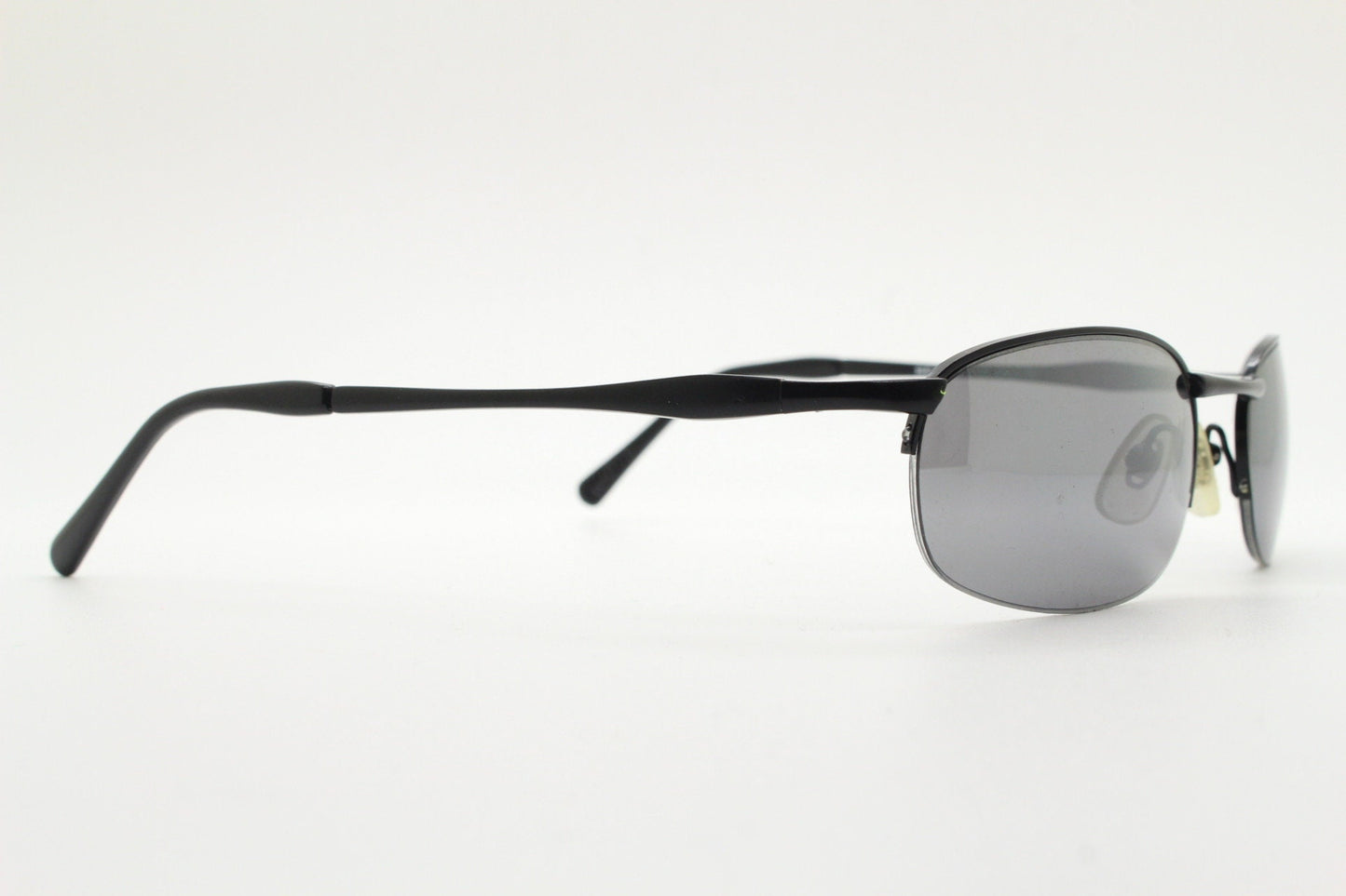 90s vintage small oval black sunglasses. Satin finish half frame with grey lenses and slight mirror glaze. 2000's. Y2K. Unused NOS