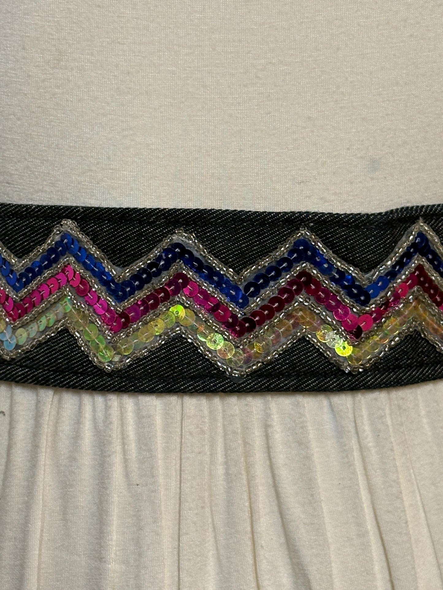 Y2K vintage womens dress belt in dark blue denim with rainbow sequins zig zag applique in neat proportions. Vegan. 2000s Unused NOS