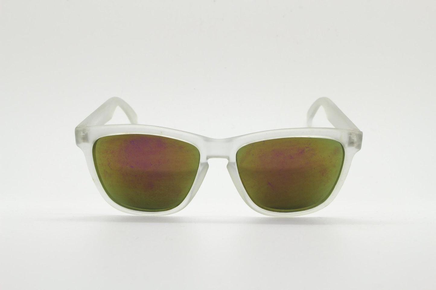 Vintage 80s square sunglasses. All time classic design in solid clear frosted frame with coloured mirror lenses. Rave party shades. NOS