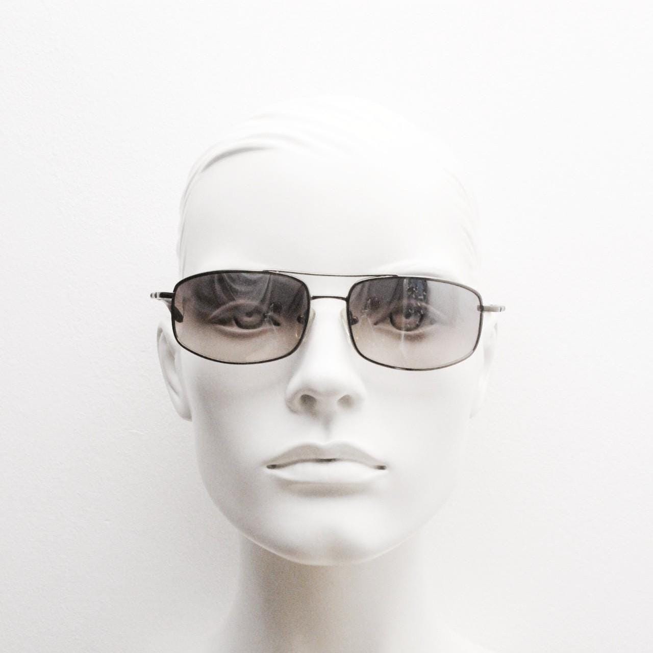90s vintage rectangular wrap around sunglasses. Gunmetal chrome curved frame squared aviator with half mirrored light tone lenses. NOS