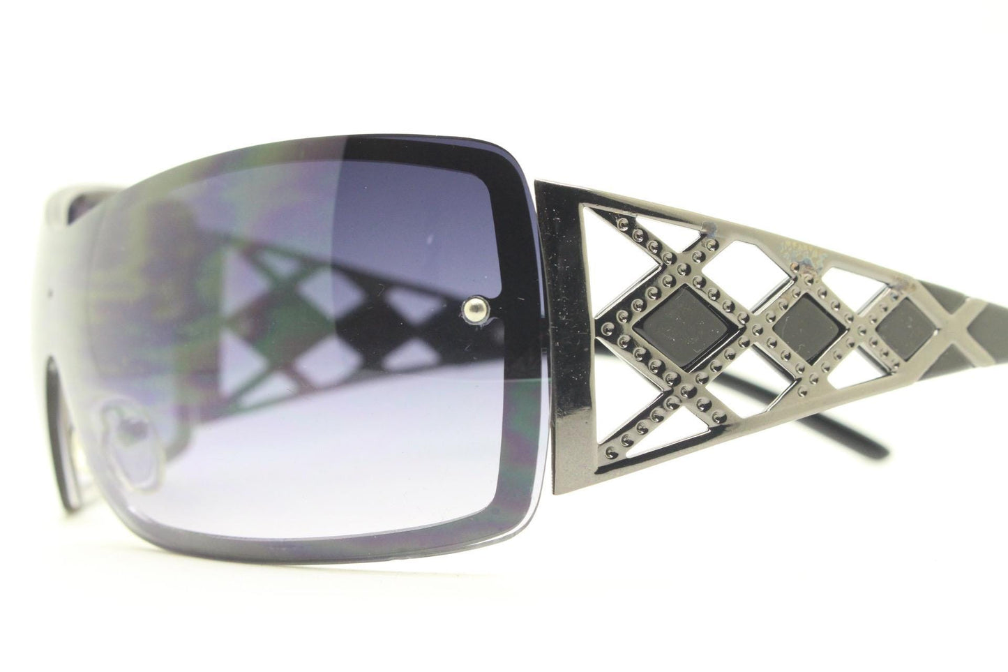 Y2K vintage visor sunglasses. 2000's grey wraparound mono lens mini mask shield design with stupendous lattice arms. Bug eye. Unworn NOS