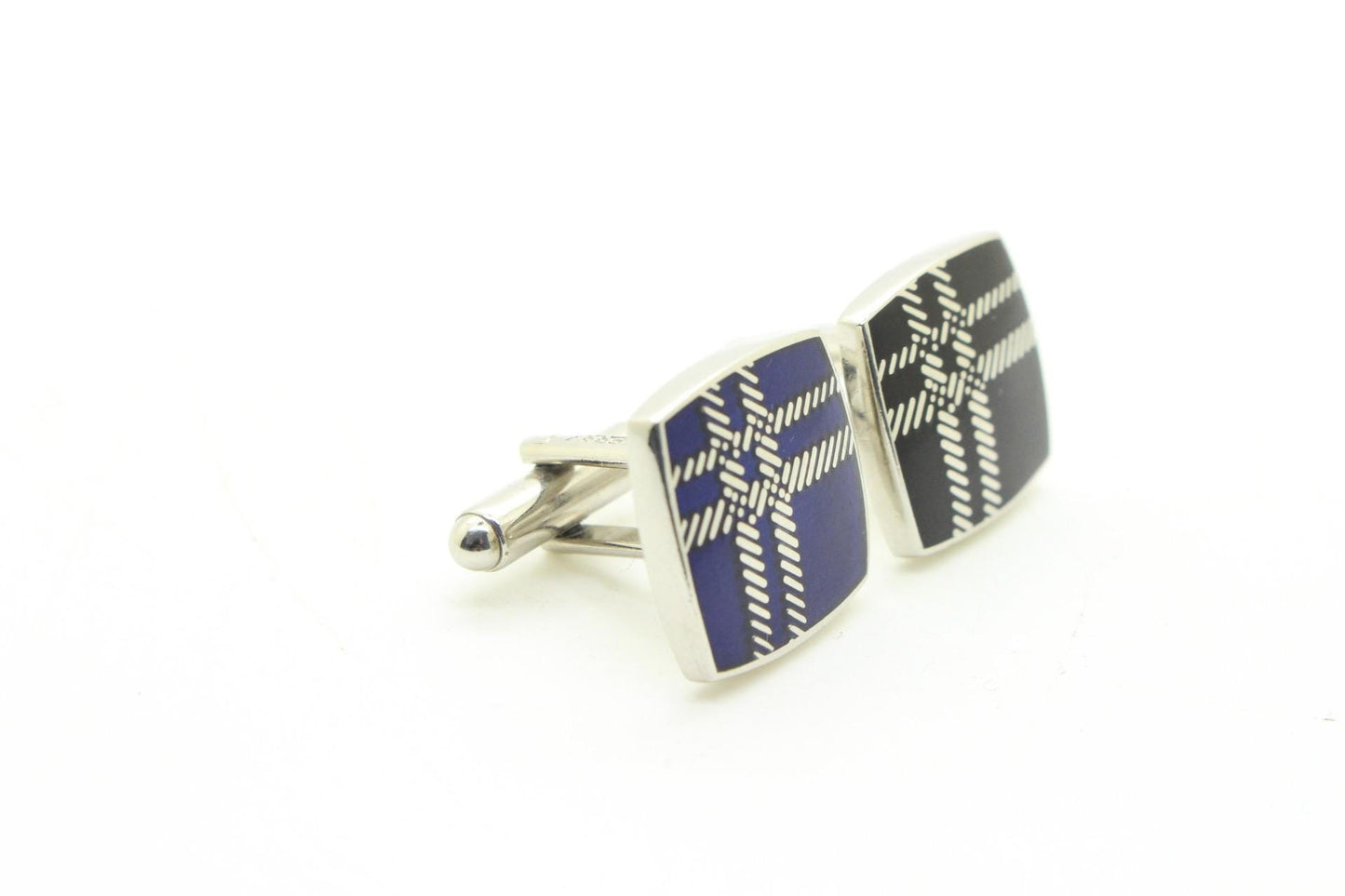 Burberry vintage square cuff links made in England with signature house check. Solid metal with blue on one side, black on the other. NOS