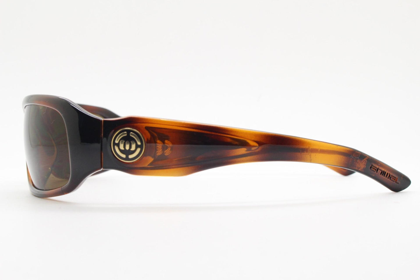 Y2K vintage curved wraparound sunglasses by Animal. Aerodynamic mottled brown gloss curved frame. Shield bug eye design. Biker shades. NOS