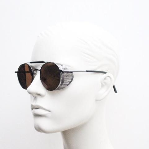 90s vintage round goggle sunglasses. All metal grey chrome frame with folding perforated side blinkers. Spoilers. Steampunk. Cosplay. NOS