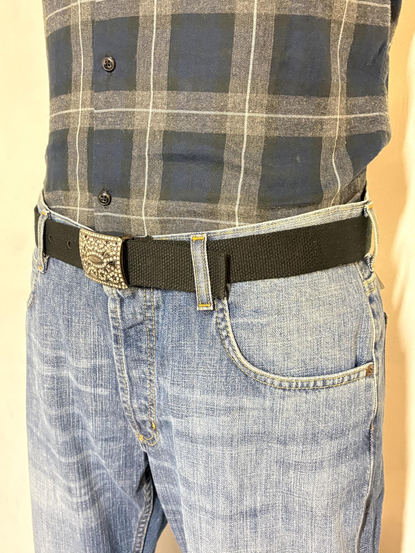 Y2K vintage canvas black army style belt with gunmetal grey buckle with ornate diamante pattern. 2000s ice bling. Rhinestone. Unused NOS
