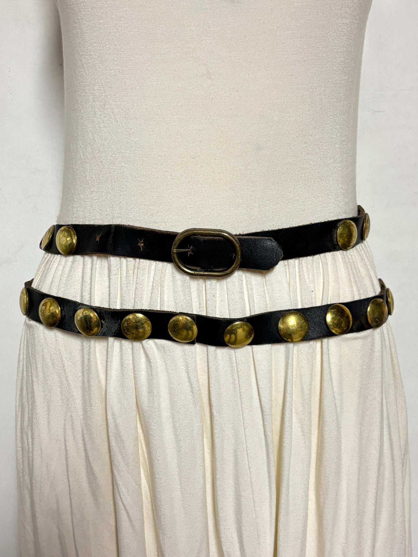 50s vintage double belt for a dress. Black genuine leather 1" height with big brass dome studs. Mexican Mariachi style cowgirl