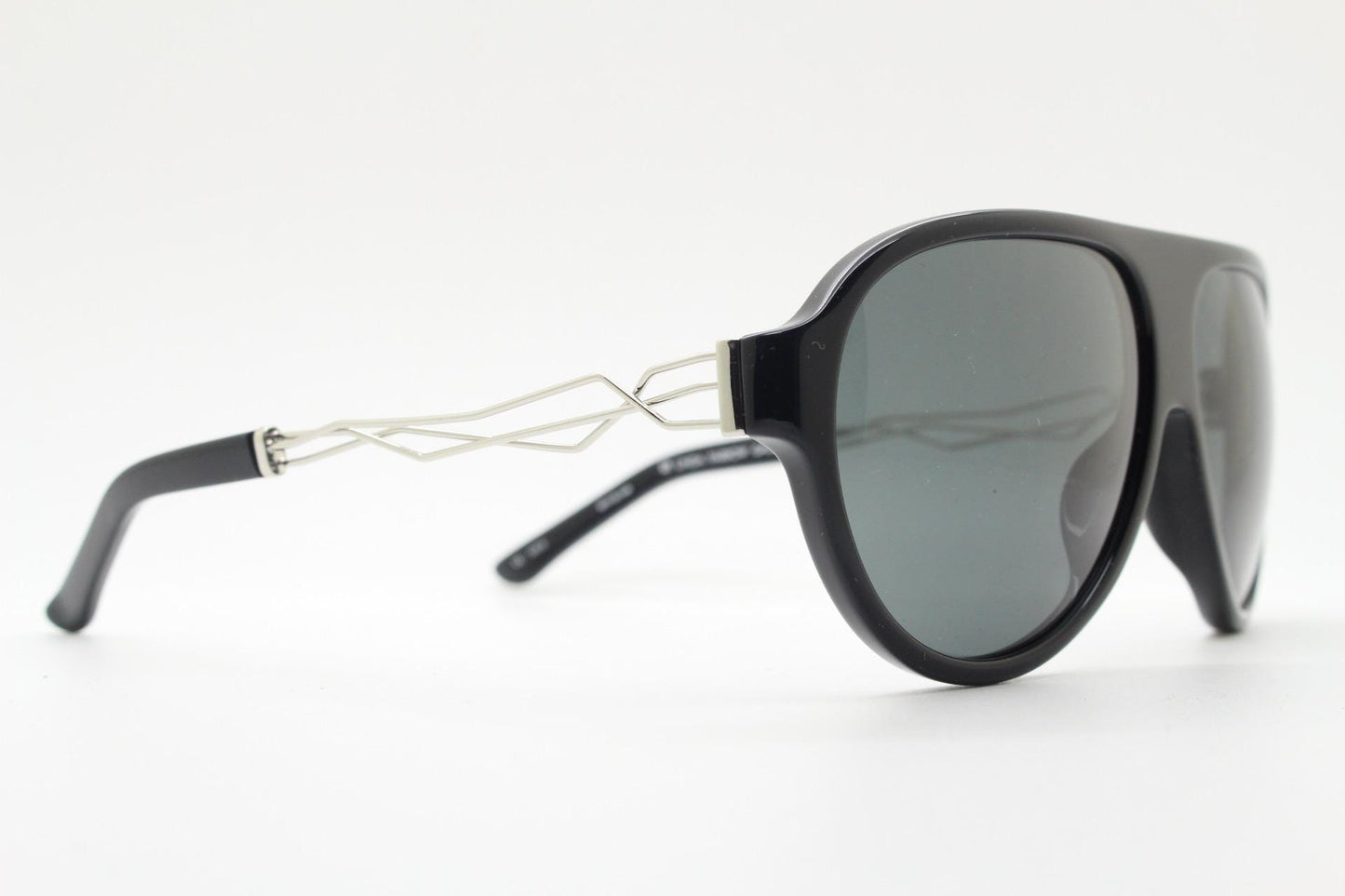 Prabal Gurung stylized aviator sunglasses made in Japan by Linda Farrow. Black frame with innovative abstract metal arm  Vintage Collab. NOS