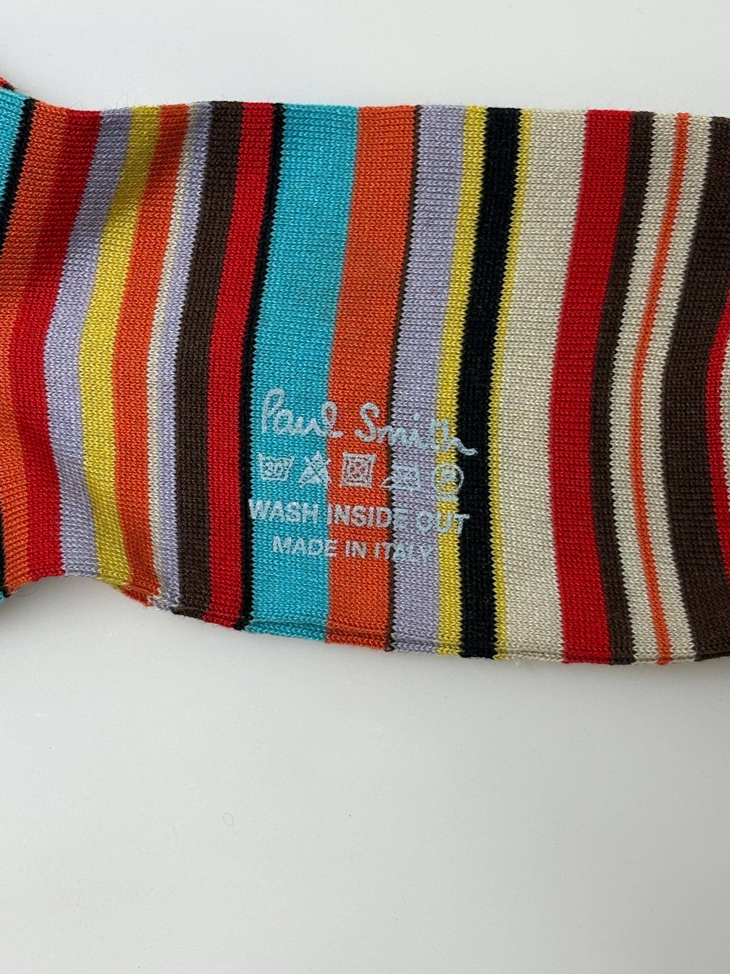 Paul Smith narrow horizontal striped socks in signature rainbow multi colours. Made in Italy. Vintage NOS. Mens large