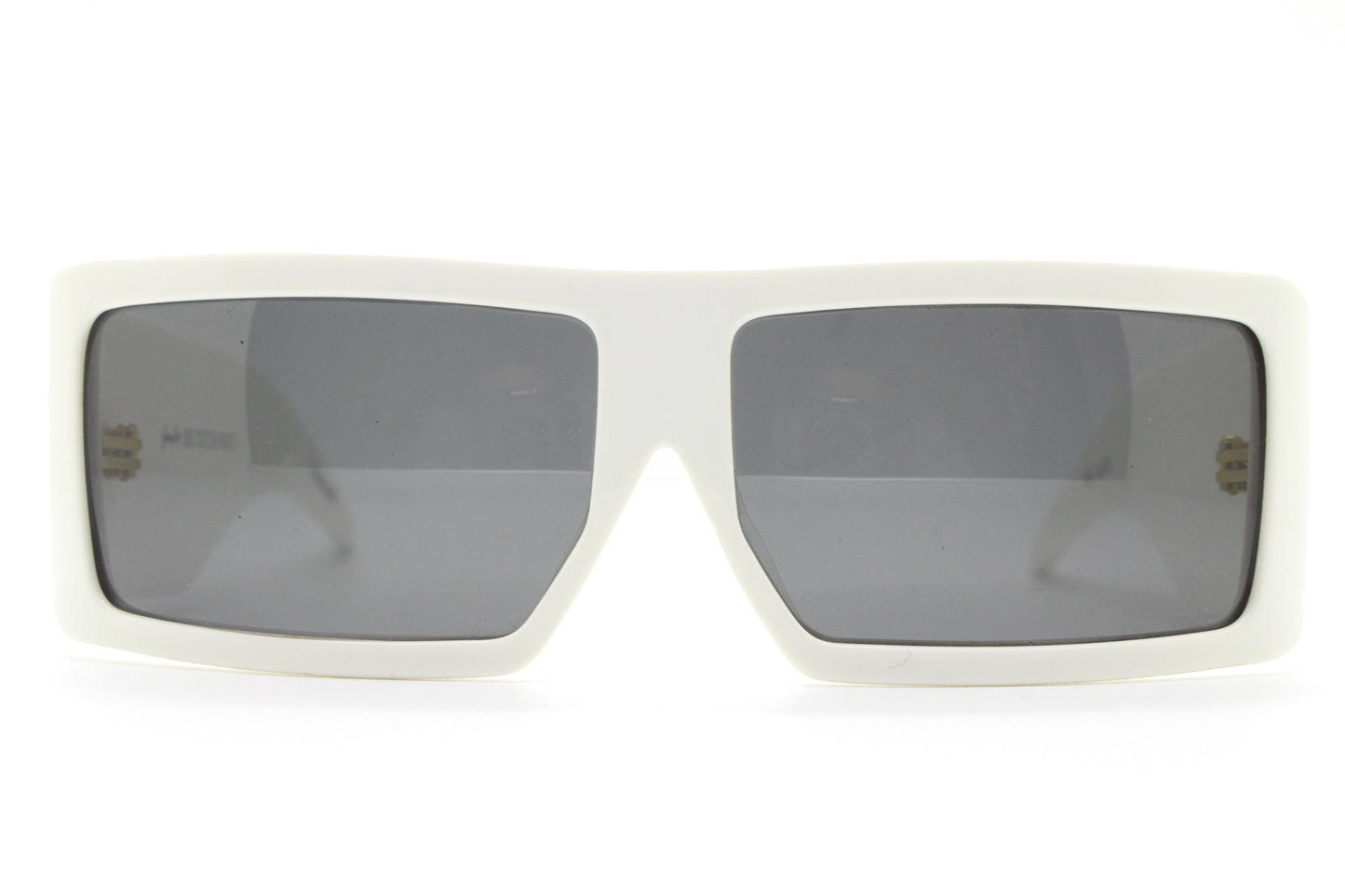 Jeremy Scott by Linda Farrow square sunglasses. Substantial ice white acetate frame with full height arms. Gallery Projects Vintage. NOS
