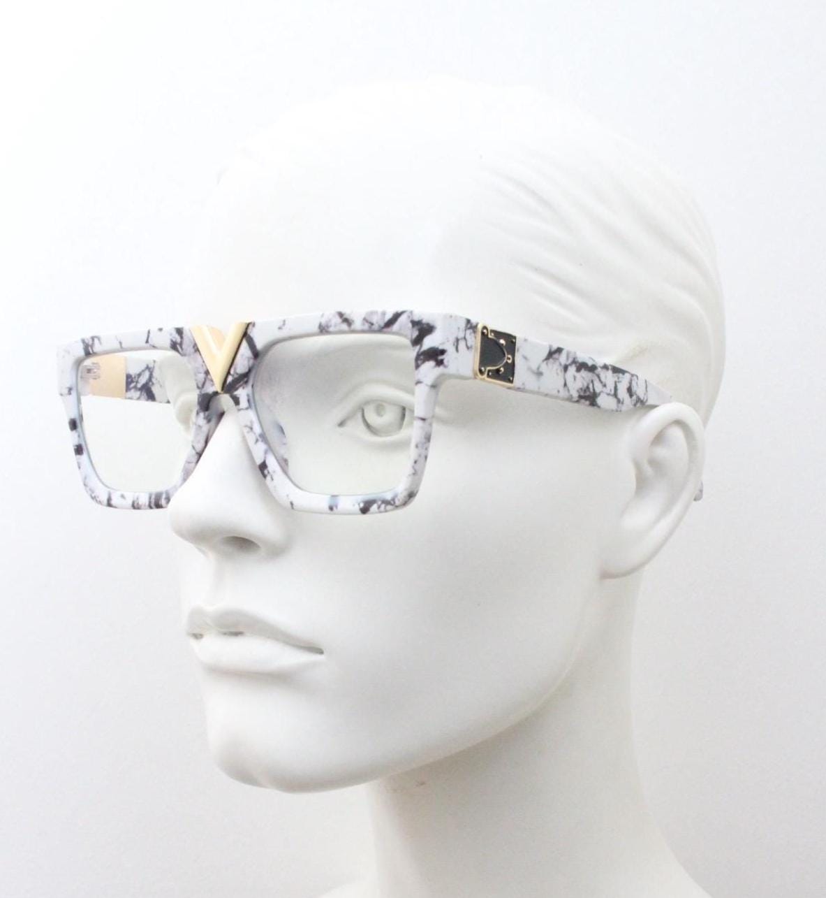 White marble flat top oversized eye glasses. Extreme fashion statement chunky optical frame with V bridge. Prescription. Vintage. RX  NOS