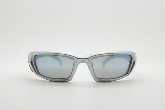 Y2K vintage visor sunglasses. Silver super hero style mini mask sport shield with blue mirror lenses. Wrap around. 2000s NOS cosplay
