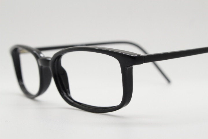 90s vintage modified wayfarer design eye glasses. Black low profile slim optical frames. Prescription eyeglasses. RX Spectacles. NOS