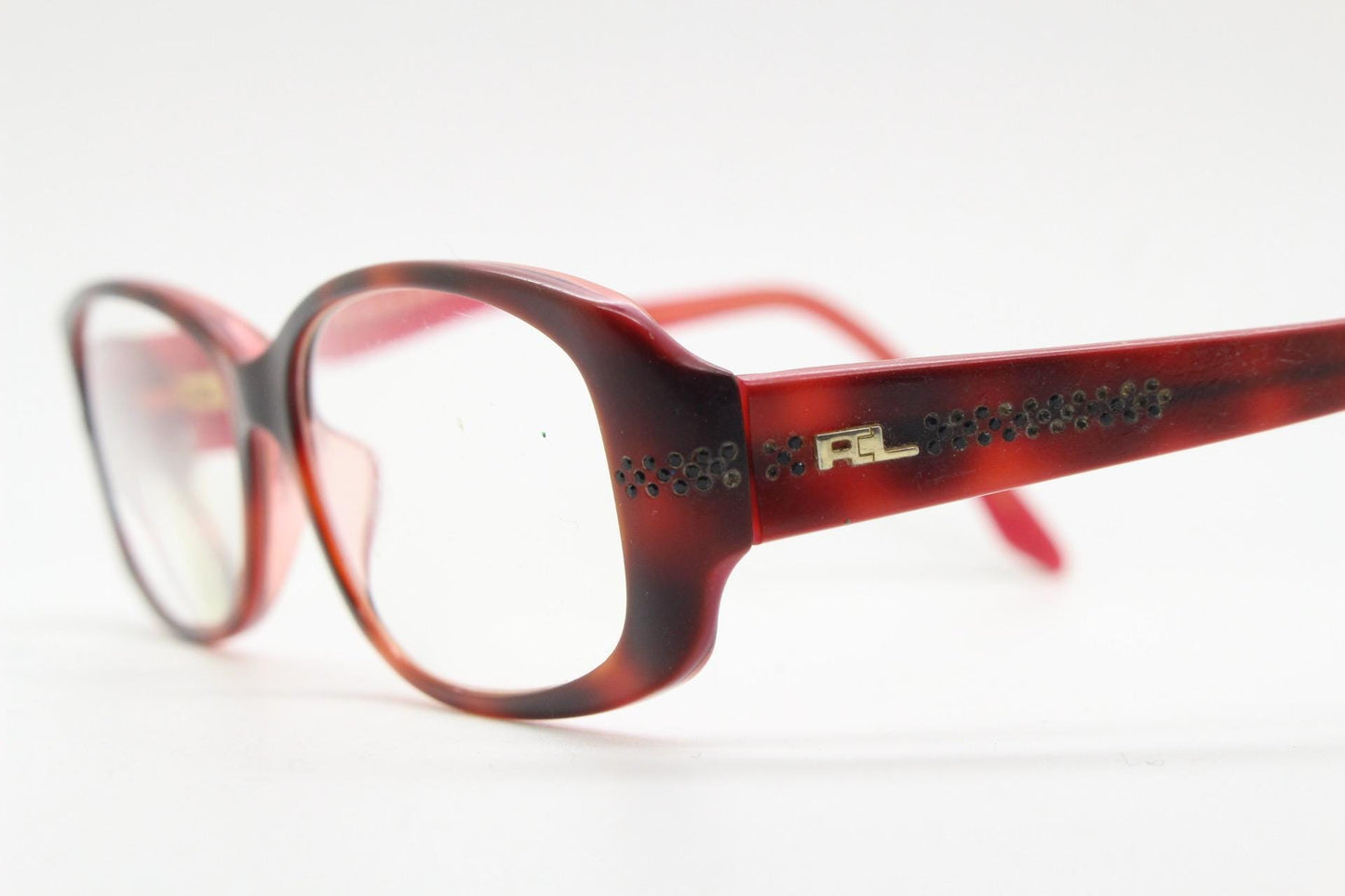 Ralph Lauren rectangular eye glasses made in Italy. Black and dark red acetate optical frame and dark diamantes. Vintage Y2K RX spectacles