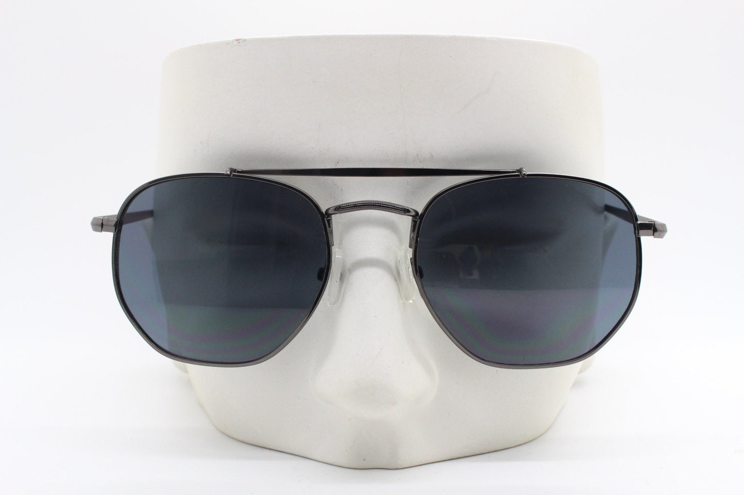 90s vintage modified aviator sunglasses, 6 sided soft angled metal frame in gunmetal with double bridge. Unused small aviators BNWT