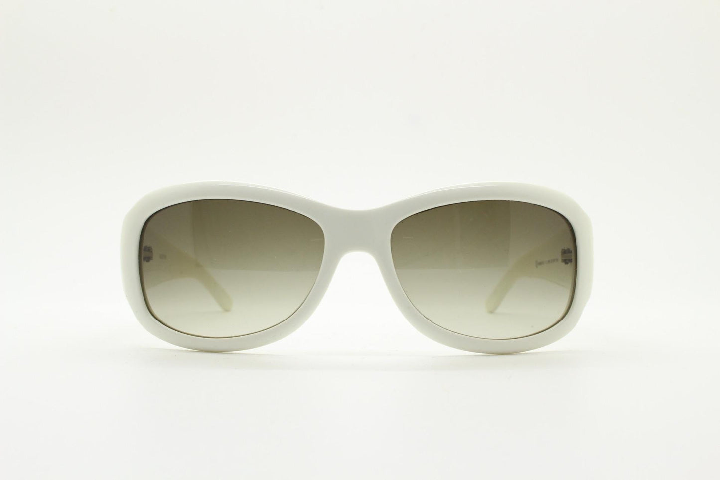 Valentino Y2k vintage wrap around bug eye sunglasses. Curving white acetate shield frame with orange and diamante stones. 2000s. Rhinestone