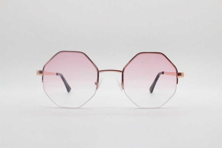90s vintage octagon sunglasses. Blue 8 sided 60s design glasses with minimal half frame and gold arms. Hexagon. Unused NOS