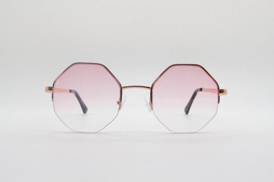 90s vintage octagon sunglasses. Blue 8 sided 60s design glasses with minimal half frame and gold arms. Hexagon. Unused NOS