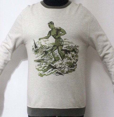 YMC slim fit ribbed collar crew neck sweatshirt with big surfer print. Round neck pullover. Mens medium jumper. Exclusive vintage sample