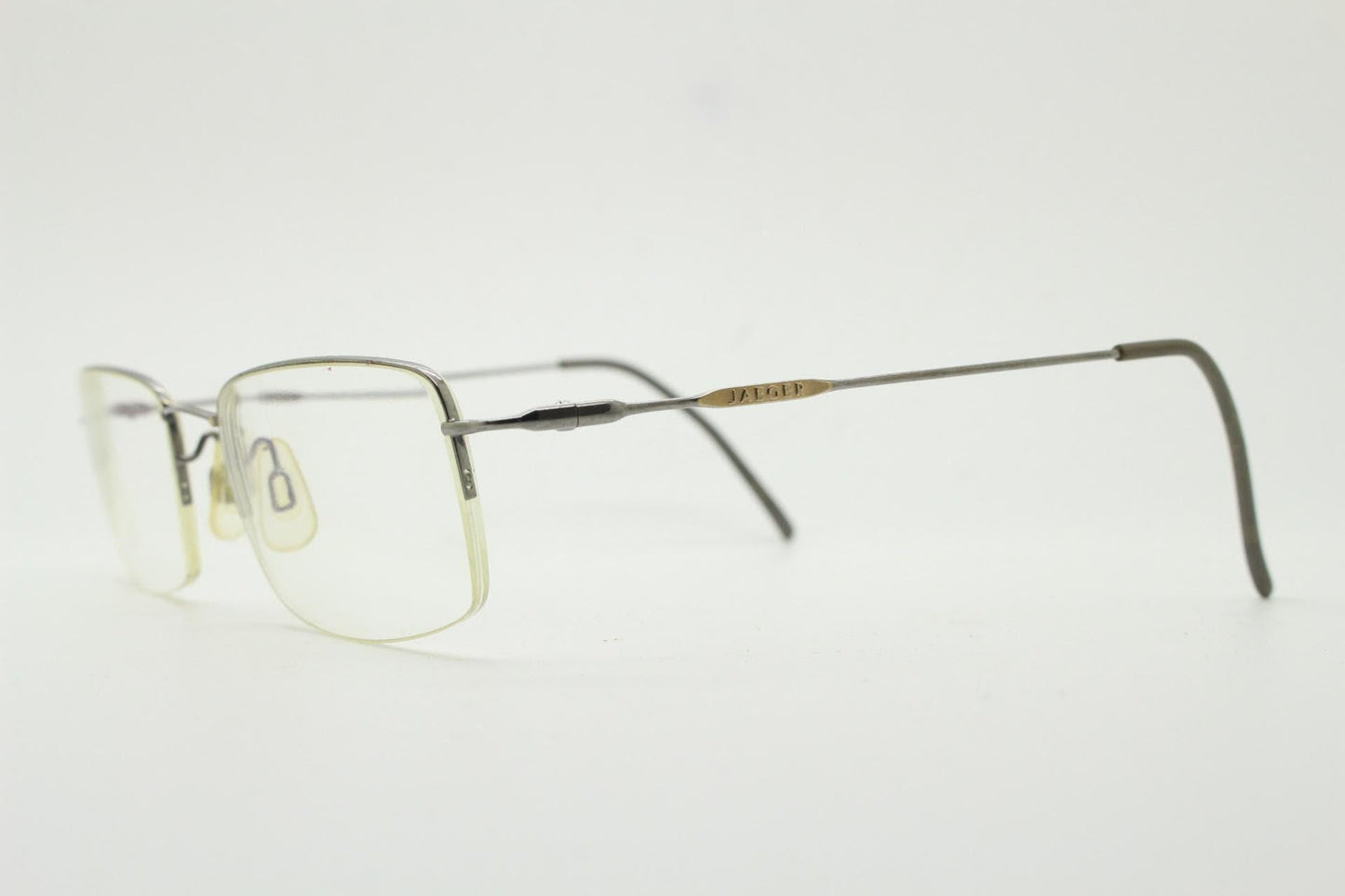 Jaegar vintage rectangular eye glasses. Extremely minimal grey half frame in titanium. Optical spectacles. Prescription spectacles. RX