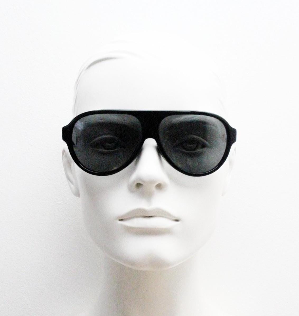 Prabal Gurung stylized aviator sunglasses made in Japan by Linda Farrow. Black frame with innovative abstract metal arm  Vintage Collab. NOS