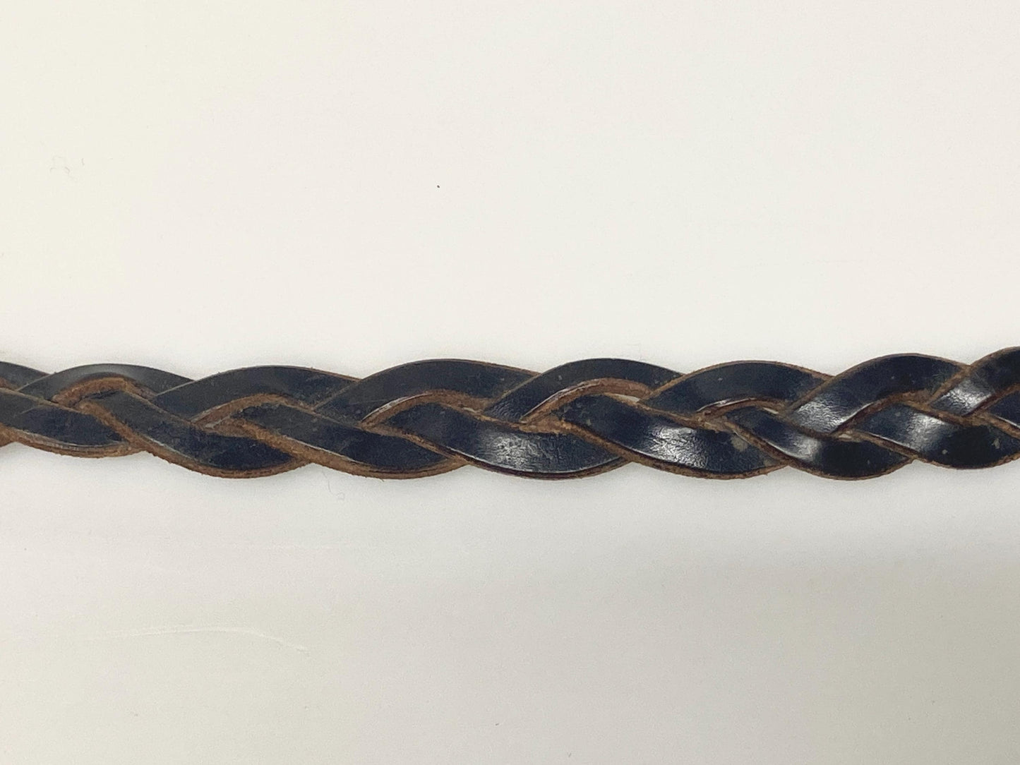 80s vintage thick black genuine leather plaited western 1" belt with changeable brass buckle. For jeans and trousers. Rawhide