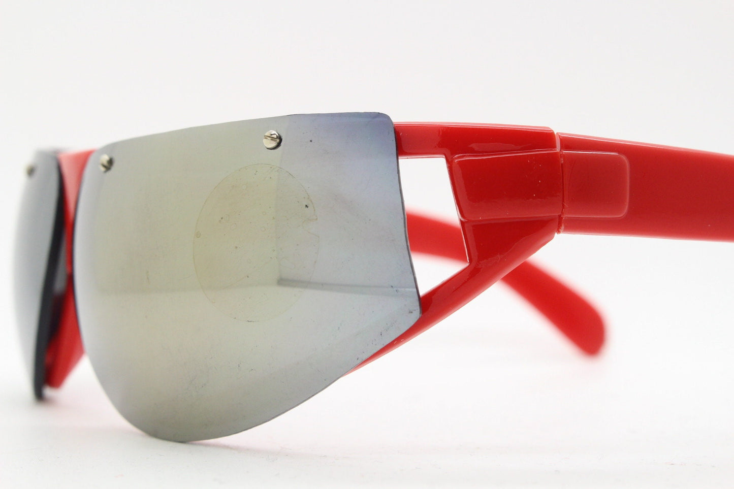 90s vintage visor shield sunglasses. Half frame wrap around in bright red with gold sunburst mirror lenses. Bug eye mask. 2000's. Y2K. NOS