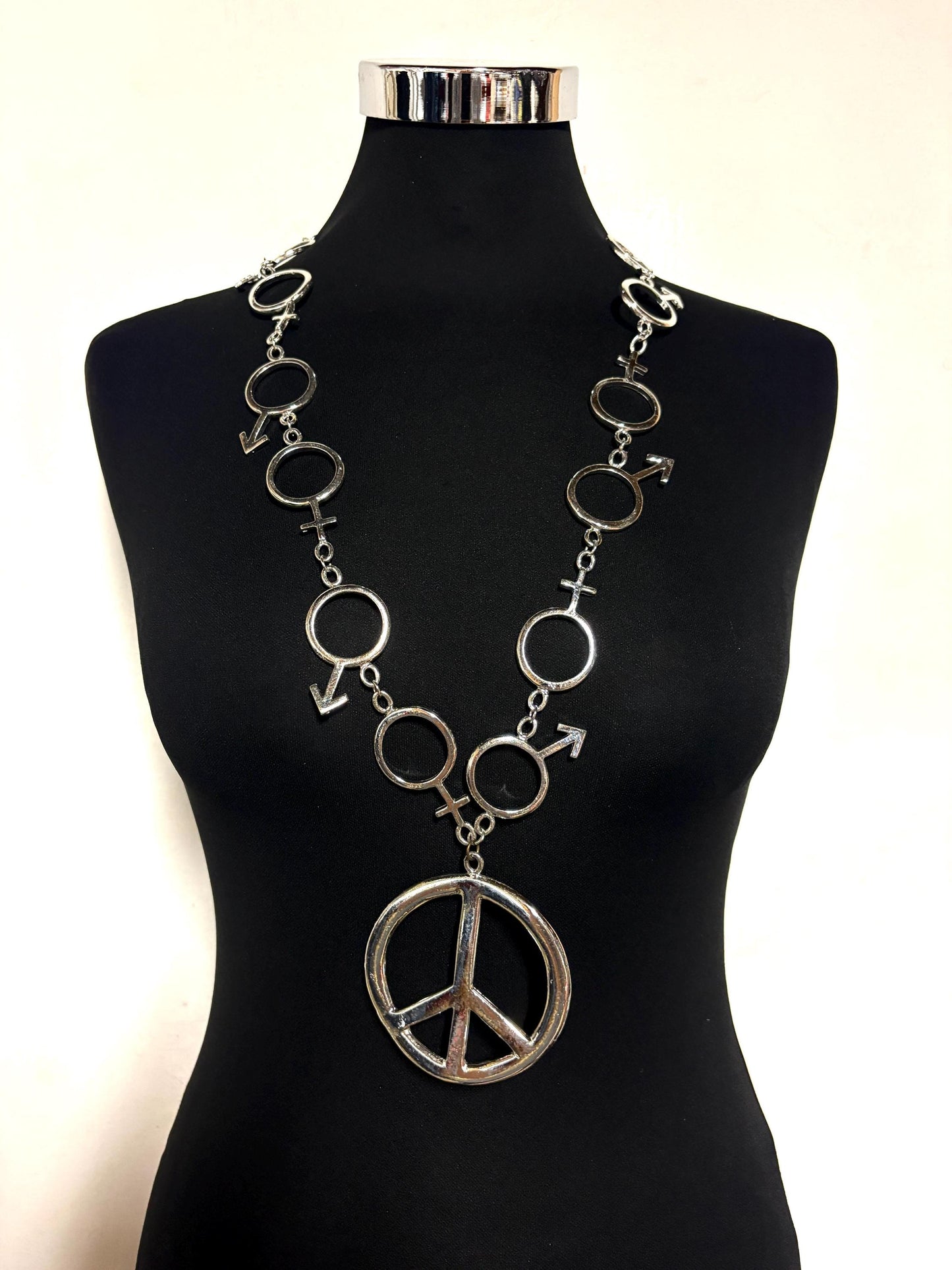 90s vintage massive chain necklace. Bombastic silver chrome with CND 'peace' emblem. Essential original ravers accessory. Unused NOS