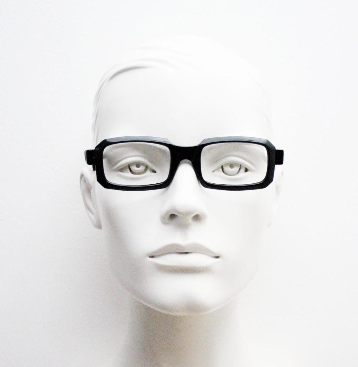90s vintage black rectangular eye glasses. Thick framed low profile gloss acetate spectacles. Prescription optical eyeglasses. RX. NOS