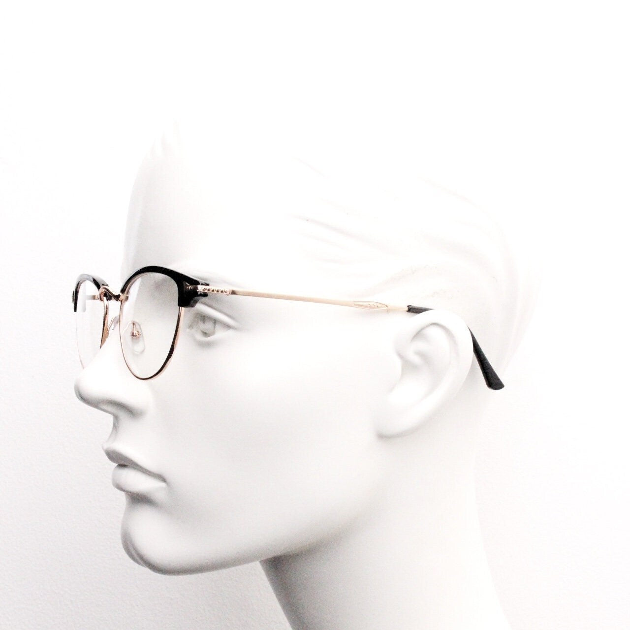90s vintage browline cat eye glasses. Black gloss and gold half frame eyeglasses. 50s, 60s cateye design with clear lenses. NOS