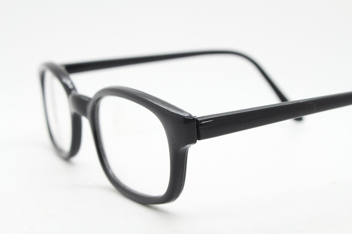80s vintage low profile wayfarer style glasses. Black acetate optical frames with clear lenses. Prescription eyeglasses. RX Spectacles. NOS
