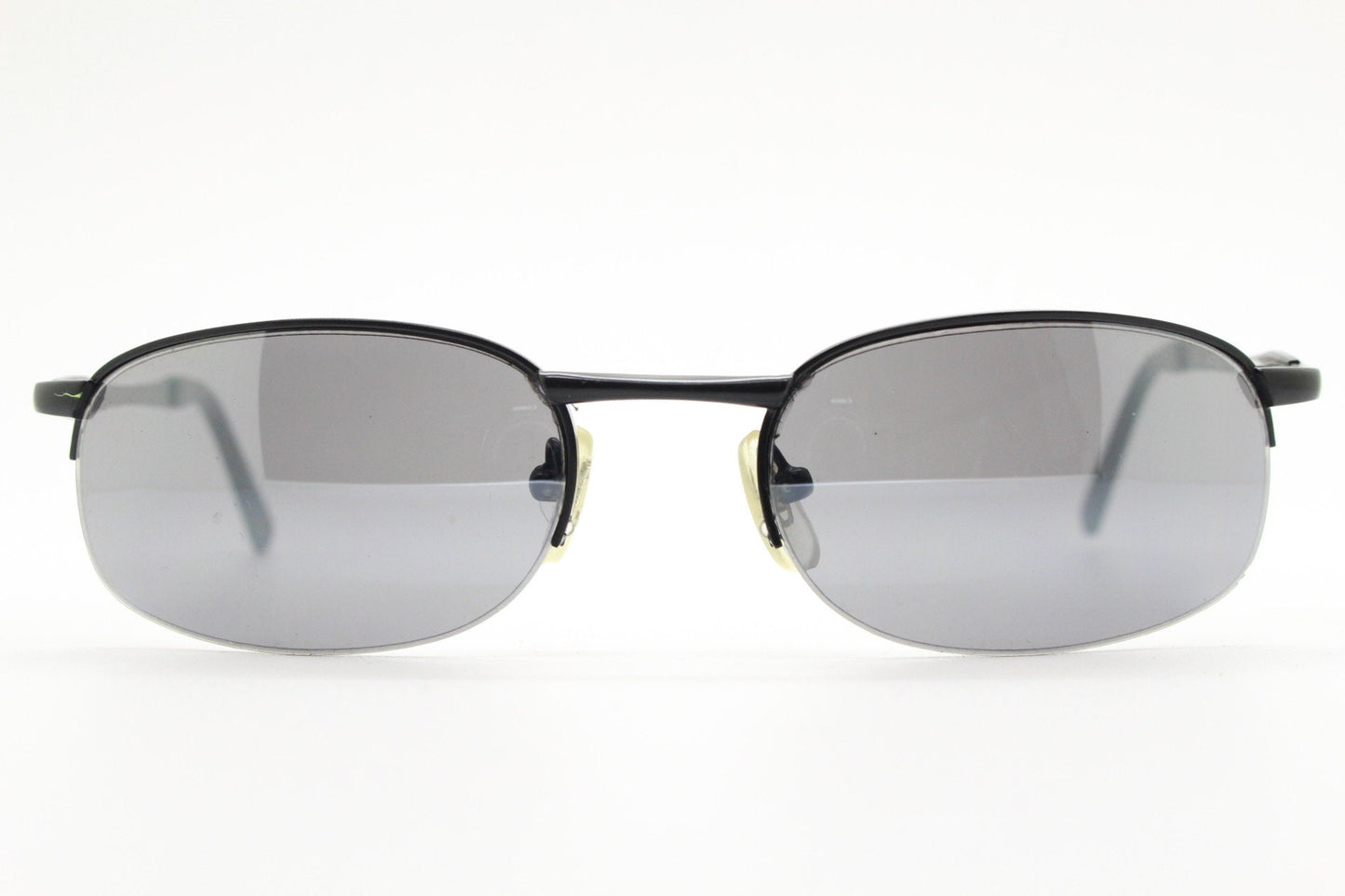 90s vintage small oval black sunglasses. Satin finish half frame with grey lenses and slight mirror glaze. 2000's. Y2K. Unused NOS