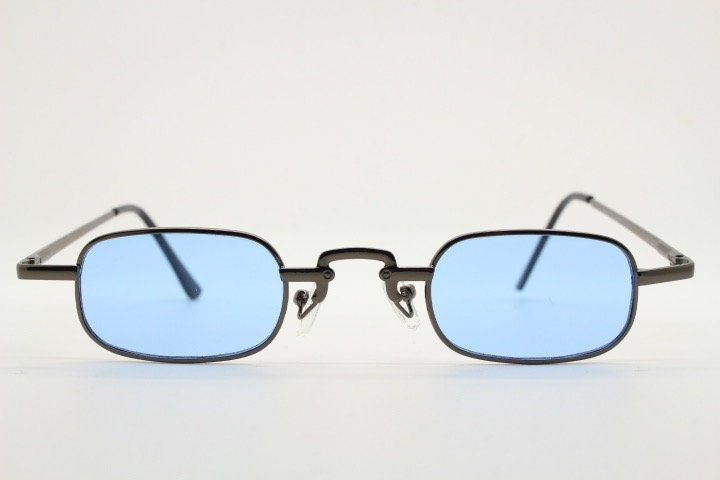 90s vintage small rectangular sunglasses. Imposing minimal gunmetal grey victorian style frame with sky blue lenses. Steampunk. Unused NOS