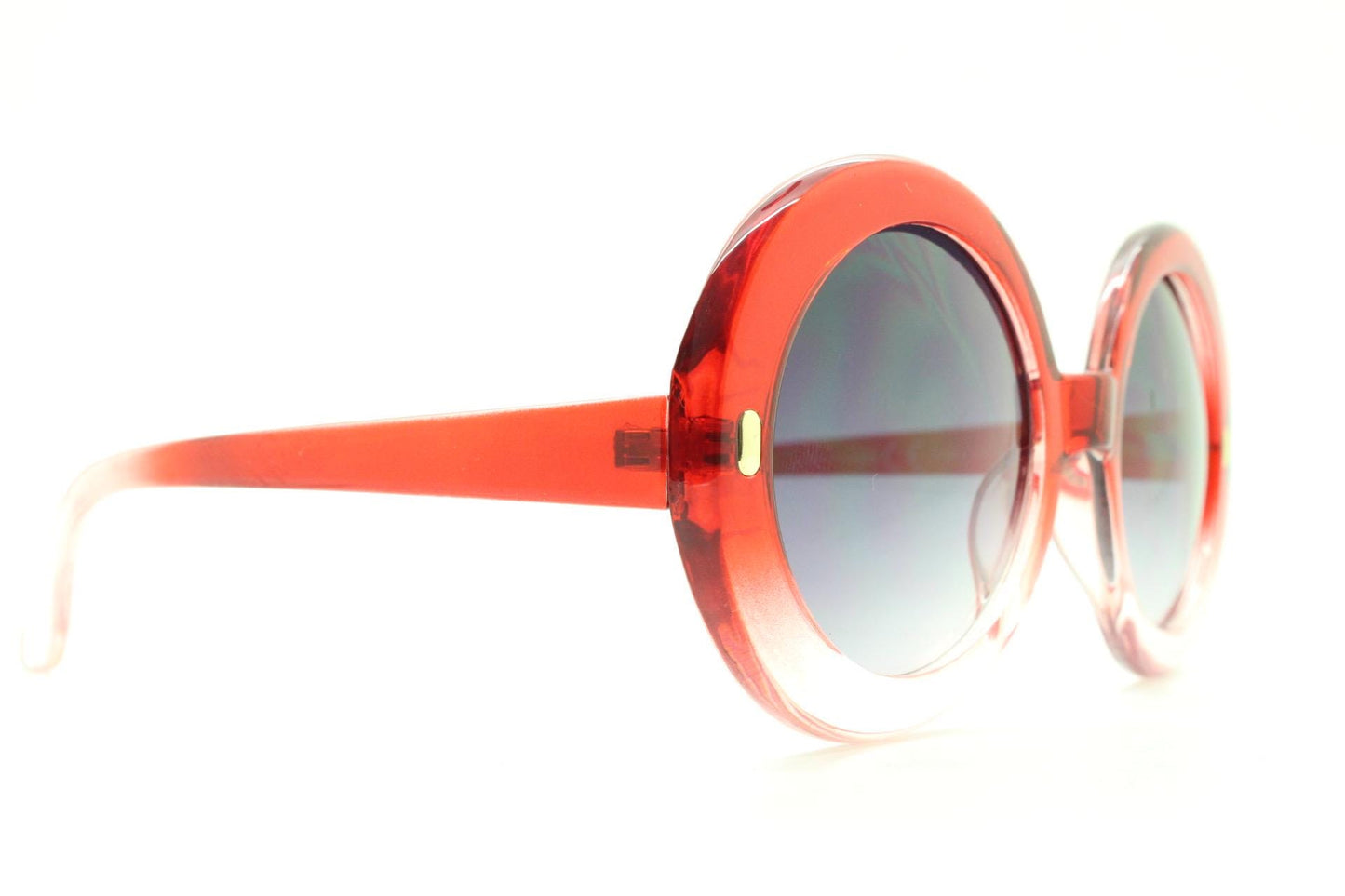 Y2k vintage oversized round sunglasses. Women's big 60s mod design transparent red to clear ombre frame with smoky black lenses. Unused BNWT