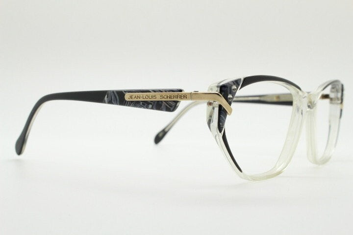 Jean Louis Scherrer 80s vintage cat eye glasses made in France. marbled grey / clear acetate optical frame. Diamante RX prescription cateye