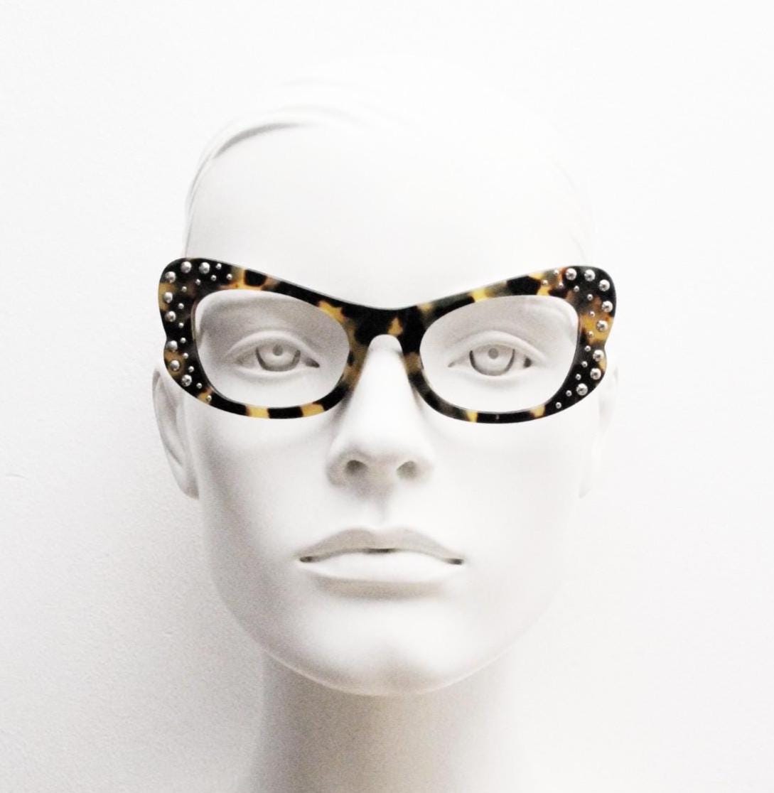 Agent Provocateur cat eye glasses made in Japan by Linda Farrow. Studded tortoise optical frame. Luxe Gallery Projects. Vintage NOS Full Set