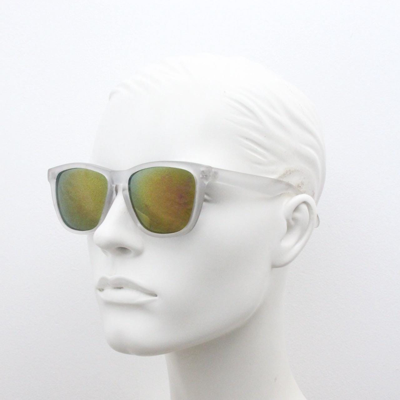 Vintage 80s square sunglasses. All time classic design in solid clear frosted frame with coloured mirror lenses. Rave party shades. NOS