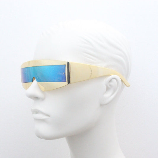 Y2K vintage square visor sunglasses. Gold 80s style robot shield design. Mirror mask mono lens with full height arms. 2000s NOS BNWT