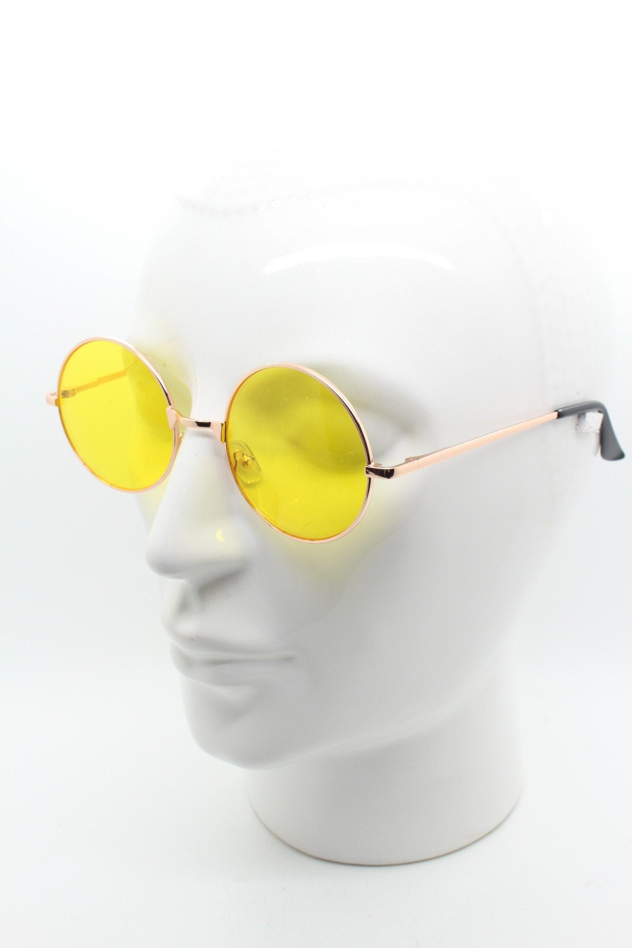 90s round vintage sunglasses. Rose gold metal frame with bright yellow lenses. 1920's style. John Lennon. Steampunk. NOS