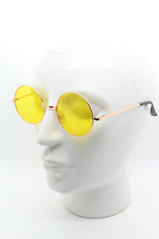 90s round vintage sunglasses. Rose gold metal frame with bright yellow lenses. 1920's style. John Lennon. Steampunk. NOS