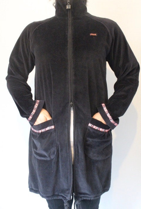 Vintage 80s Fila velour casual coat. Womens all black velvet double zipper long sleeve top. Original sport fashion grail
