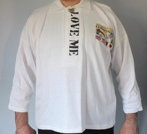 80s Vintage oversized polo shirt with 'LOVE ME' graphic print. Crop sleeve jumper. Unisex sweatshirt. Fashion grail sweater. NOS pullover