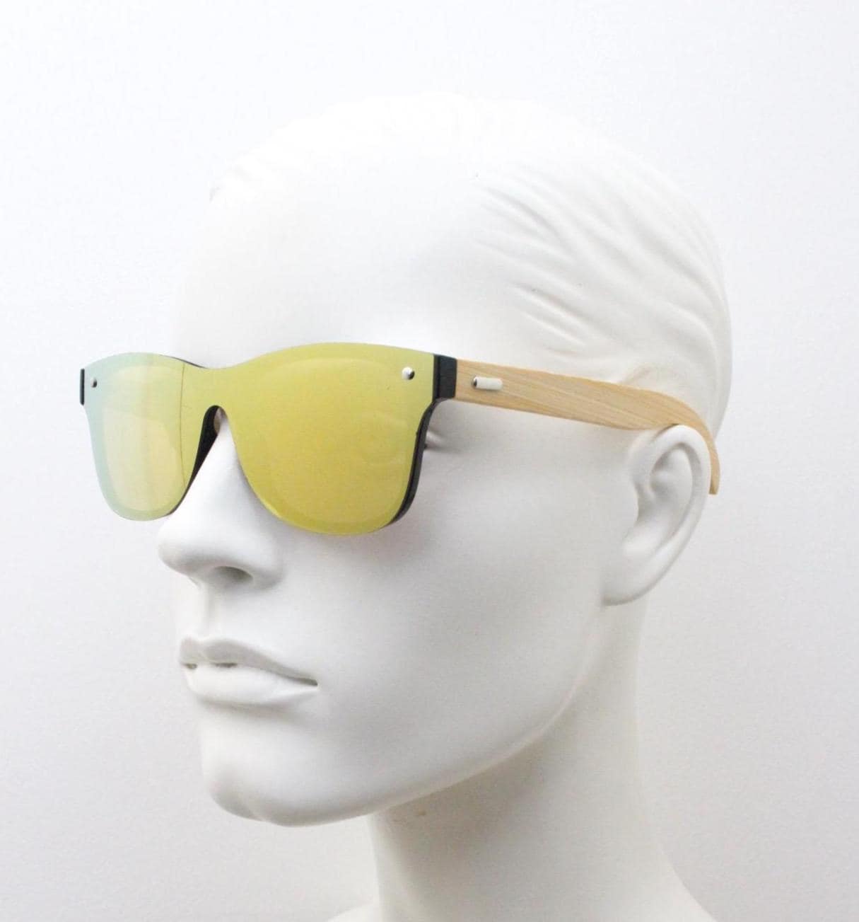 Modified wayfarer design mono lens sunglasses. Gold mirror flat front with beige real wooden arms. Unused NOS
