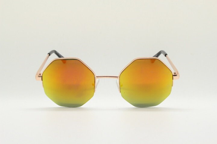90s vintage octagon sunglasses. Blue 8 sided 60s design glasses with minimal half frame and gold arms. Hexagon. Unused NOS