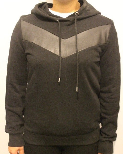 Diesel Timeless fitted pullover hoody sweatshirt. Womens all black hooded jumper with real leather V panel. BNWOT production sample Size S